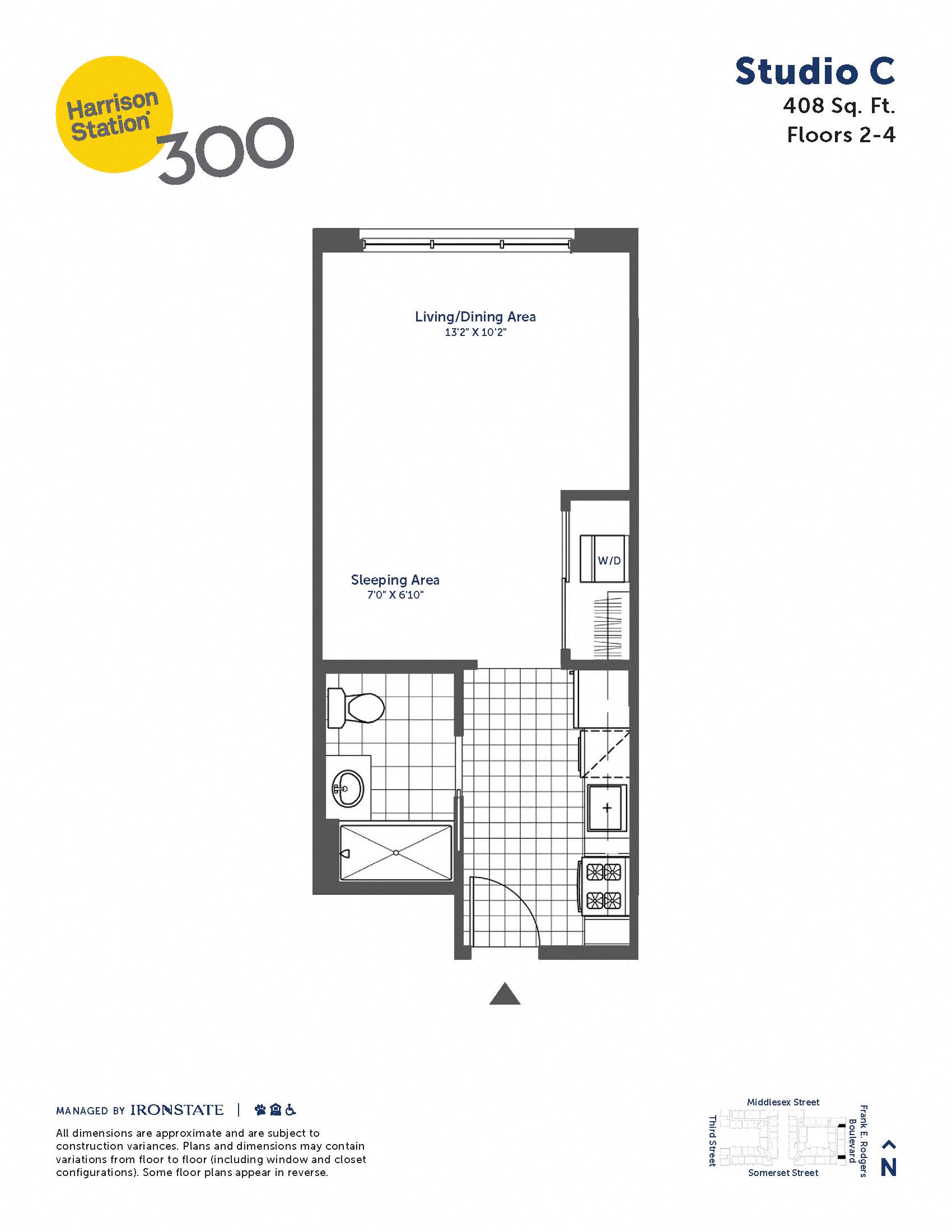 Floor plan for studio, 1 bath, 408 sqft